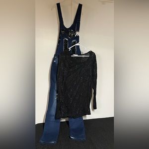 Black Lace with sequins + Dark blue ripped overalls with black lace rips